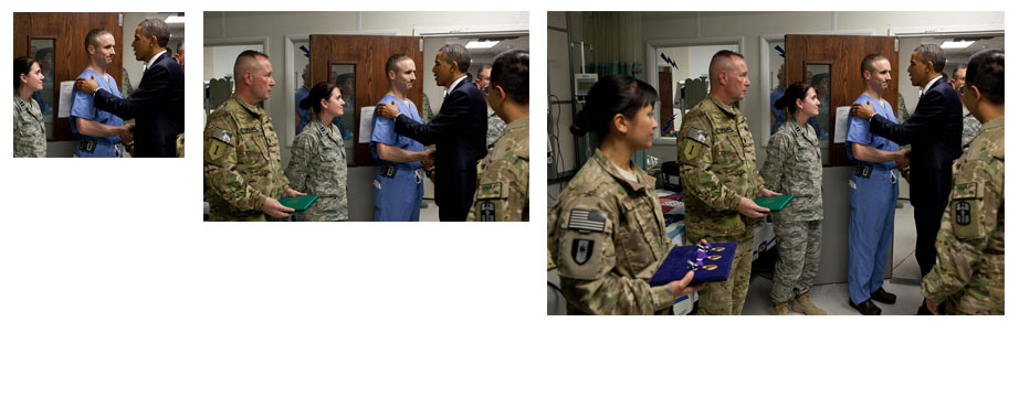 Three crops of the same image. The first shows President Obama talking to a soldier in hospital scrubs. The second is zoomed out, showing more soldiers standing around them.  The third is zoomed out even further, showing even more soldiers and more of the hospital room.